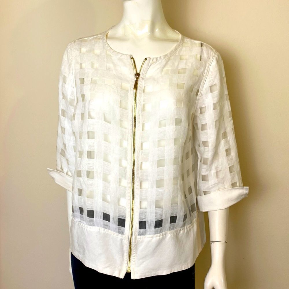 JM Collection Jacket P/L White Summer Jacket with 3/4 Sleeves Zip Closu…